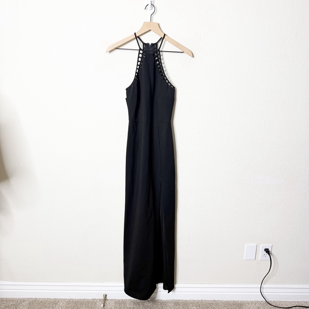 NWT NBD Black Maxi Dress High Neck Lattice Cutout High Slit Womens Size S